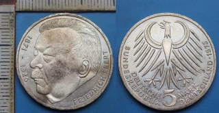 1975 J - 5 deutsche mark, stříbro - NSR, Friedrich Ebert
